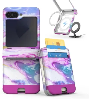 Galaxy Z Flip 6 Case with Pink Marble Design, Dual Card Slot, Hinge Protection, Shock-Absorbing Slim Protective Case, MagSafe Compatible