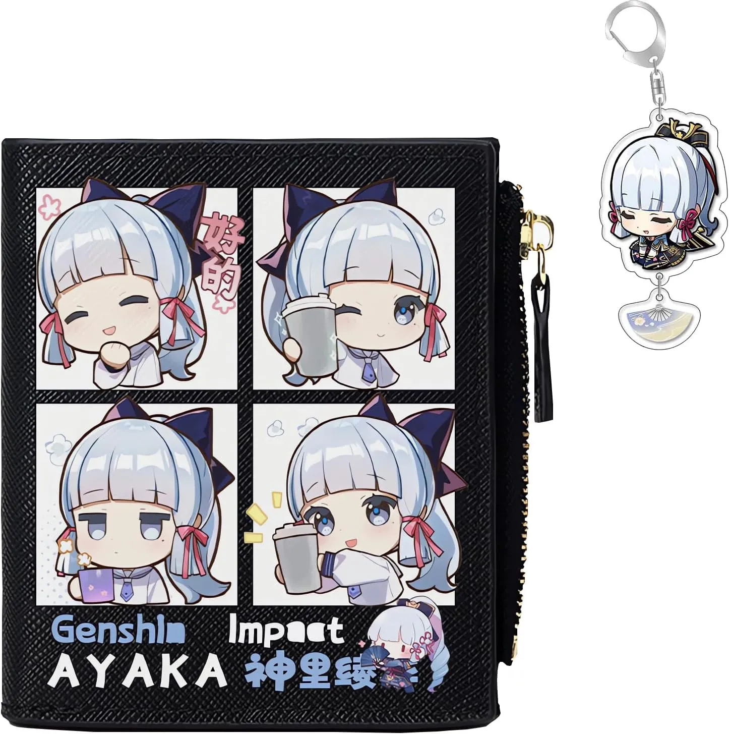 Genshin Impact Wallet for Unisex Kamisato Ayaka Wallet Genshin Card Holder Black Purse Anime With Free Keychain