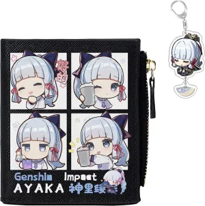 Genshin Impact Wallet for Unisex Kamisato Ayaka Wallet Genshin Card Holder Black Purse Anime With Free Keychain