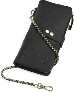 Genuine Crazy Horse Leather Travel Gift Coin Pocket Card Case Long Organizer Chain Rfid Wallet Purse With Snap For Men Male 1803 1815 (1803 The Black2)