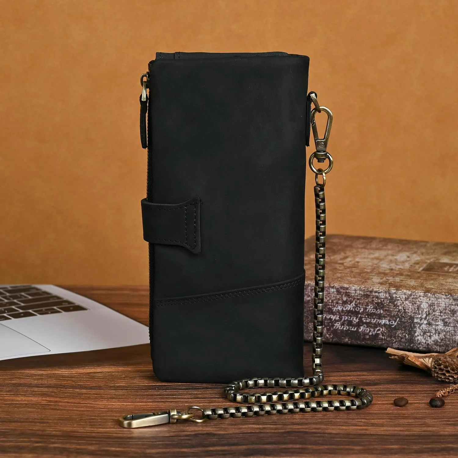 Genuine Crazy Horse Leather Travel Gift Coin Pocket Card Case Long Organizer Chain Rfid Wallet Purse With Snap For Men Male 1803 1815 (1803 The Black2)