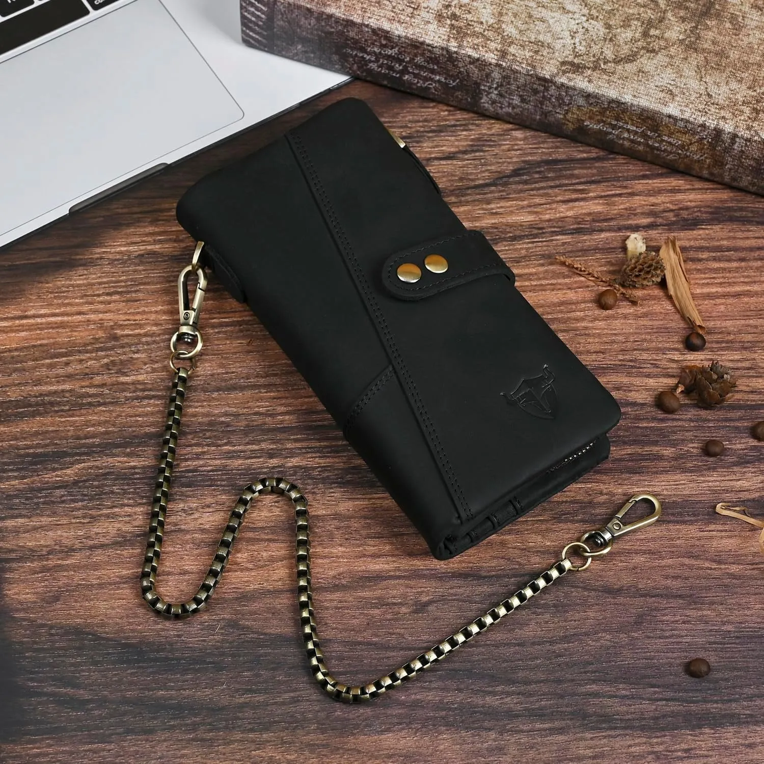 Genuine Crazy Horse Leather Travel Gift Coin Pocket Card Case Long Organizer Chain Rfid Wallet Purse With Snap For Men Male 1803 1815 (1803 The Black2)