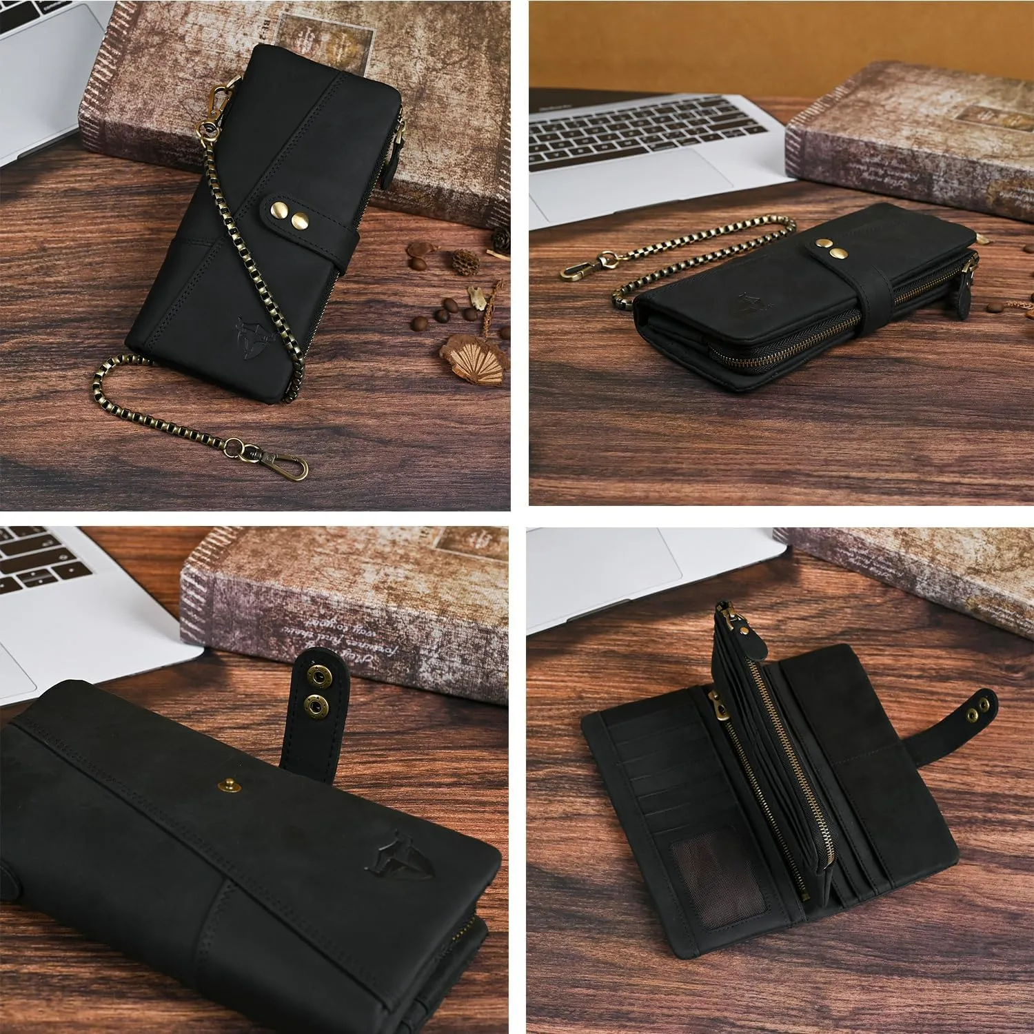 Genuine Crazy Horse Leather Travel Gift Coin Pocket Card Case Long Organizer Chain Rfid Wallet Purse With Snap For Men Male 1803 1815 (1803 The Black2)