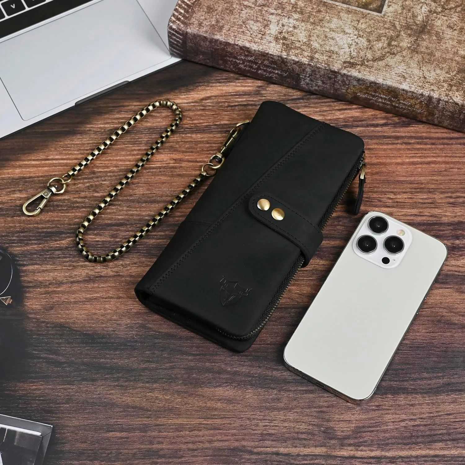 Genuine Crazy Horse Leather Travel Gift Coin Pocket Card Case Long Organizer Chain Rfid Wallet Purse With Snap For Men Male 1803 1815 (1803 The Black2)