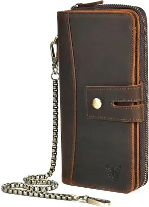 Genuine Crazy Horse Leather Travel Gift Coin Pocket Card Case Long Organizer Chain Rfid Wallet Purse With Snap For Men Male 1803 1815 (1814 Brown)