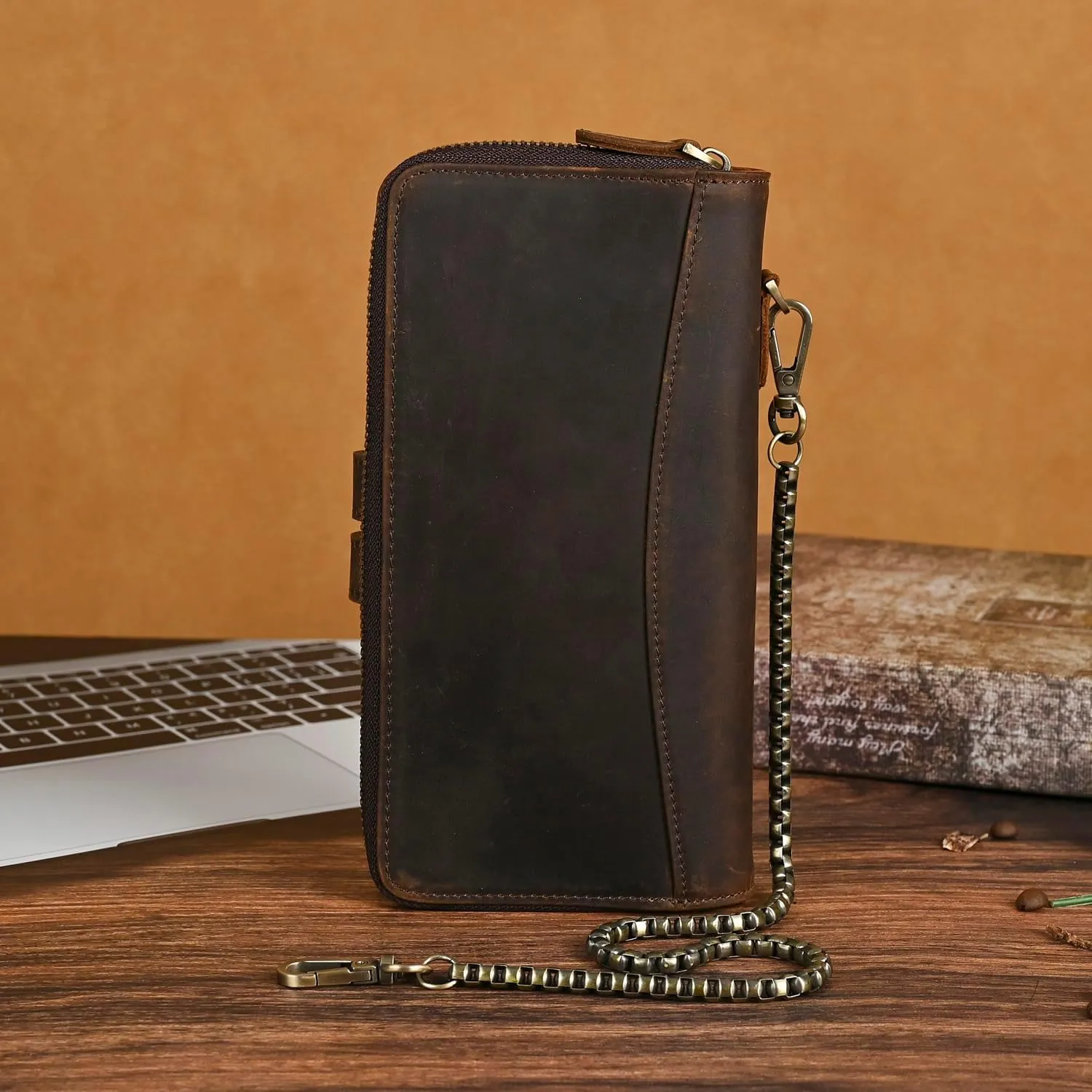Genuine Crazy Horse Leather Travel Gift Coin Pocket Card Case Long Organizer Chain Rfid Wallet Purse With Snap For Men Male 1803 1815 (1814 Brown)