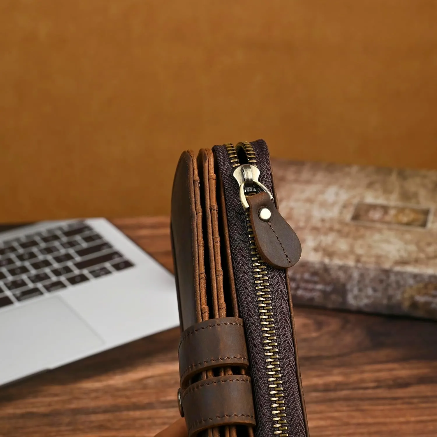 Genuine Crazy Horse Leather Travel Gift Coin Pocket Card Case Long Organizer Chain Rfid Wallet Purse With Snap For Men Male 1803 1815 (1814 Brown)