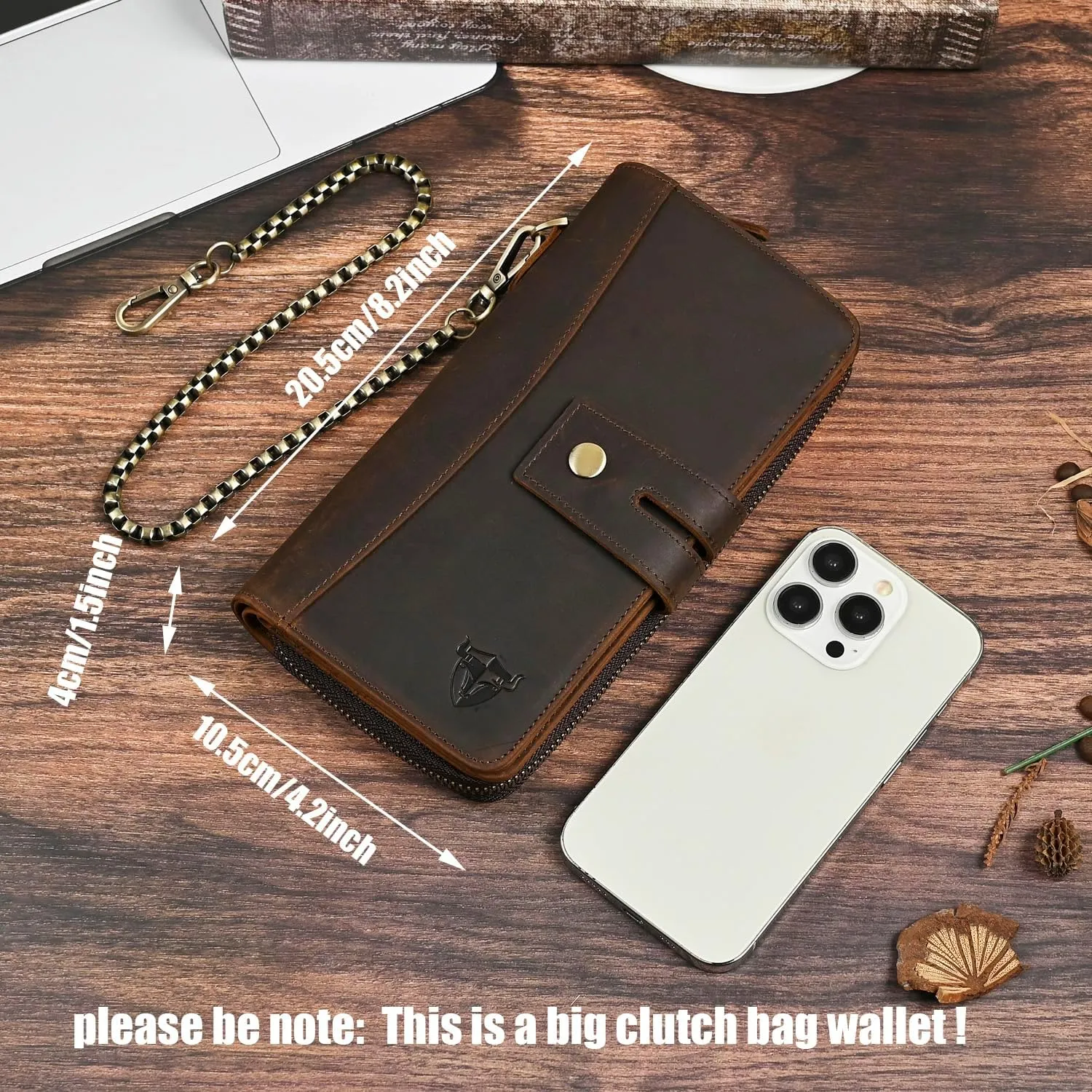 Genuine Crazy Horse Leather Travel Gift Coin Pocket Card Case Long Organizer Chain Rfid Wallet Purse With Snap For Men Male 1803 1815 (1814 Brown)