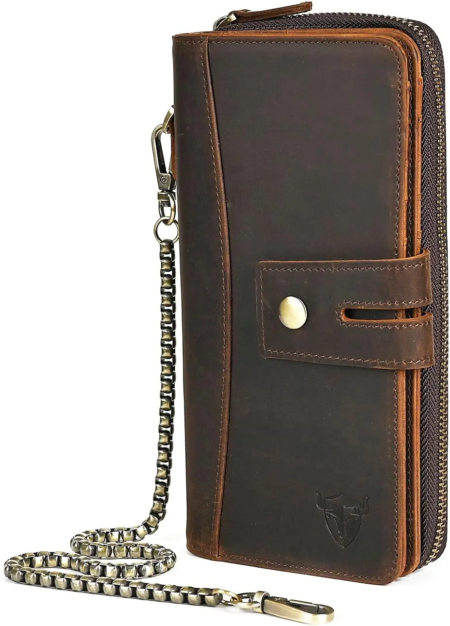 Genuine Crazy Horse Leather Travel Gift Coin Pocket Card Case Long Organizer Chain Rfid Wallet Purse With Snap For Men Male 1803 1815 (1814 Brown)