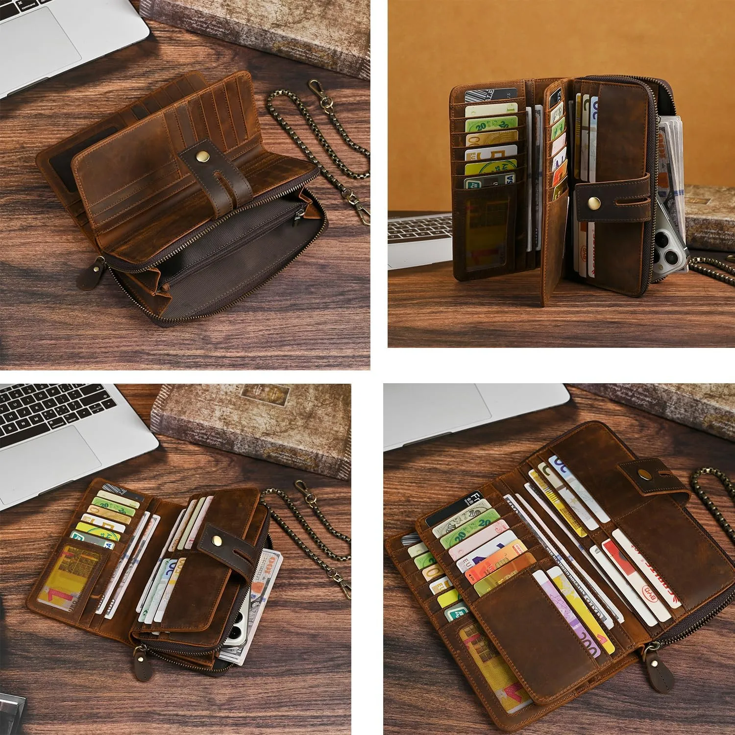Genuine Crazy Horse Leather Travel Gift Coin Pocket Card Case Long Organizer Chain Rfid Wallet Purse With Snap For Men Male 1803 1815 (1814 Brown)
