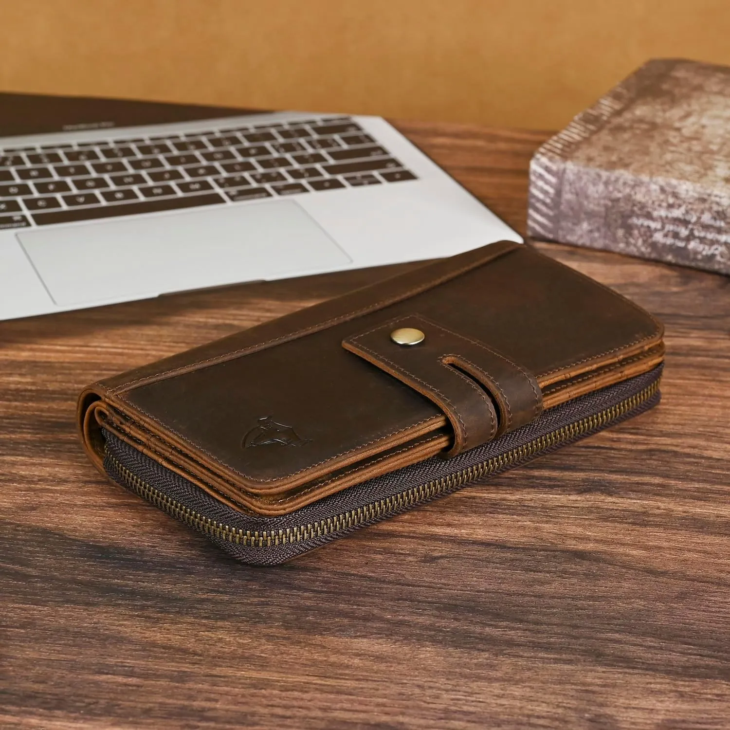 Genuine Crazy Horse Leather Travel Gift Coin Pocket Card Case Long Organizer Chain Rfid Wallet Purse With Snap For Men Male 1803 1815 (1814 Brown)