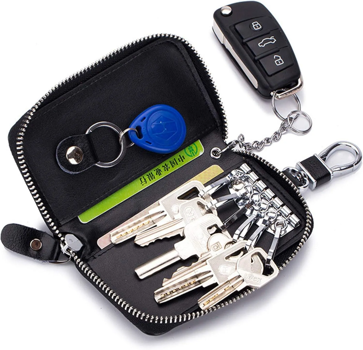 Genuine Leather Key Holder Bag with 2 Card Slot & 6 Hooks & 1 Access Card,Key Case Car Key Holder Wallet for Men Women