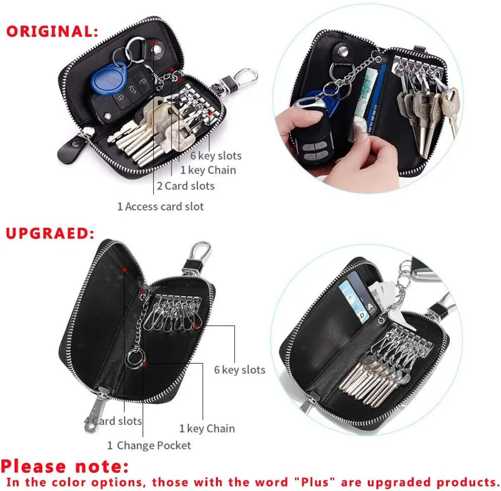 Genuine Leather Key Holder Bag with 2 Card Slot & 6 Hooks & 1 Access Card,Key Case Car Key Holder Wallet for Men Women