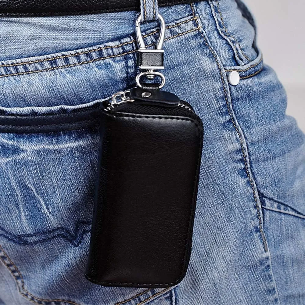 Genuine Leather Key Holder Bag with 2 Card Slot & 6 Hooks & 1 Access Card,Key Case Car Key Holder Wallet for Men Women