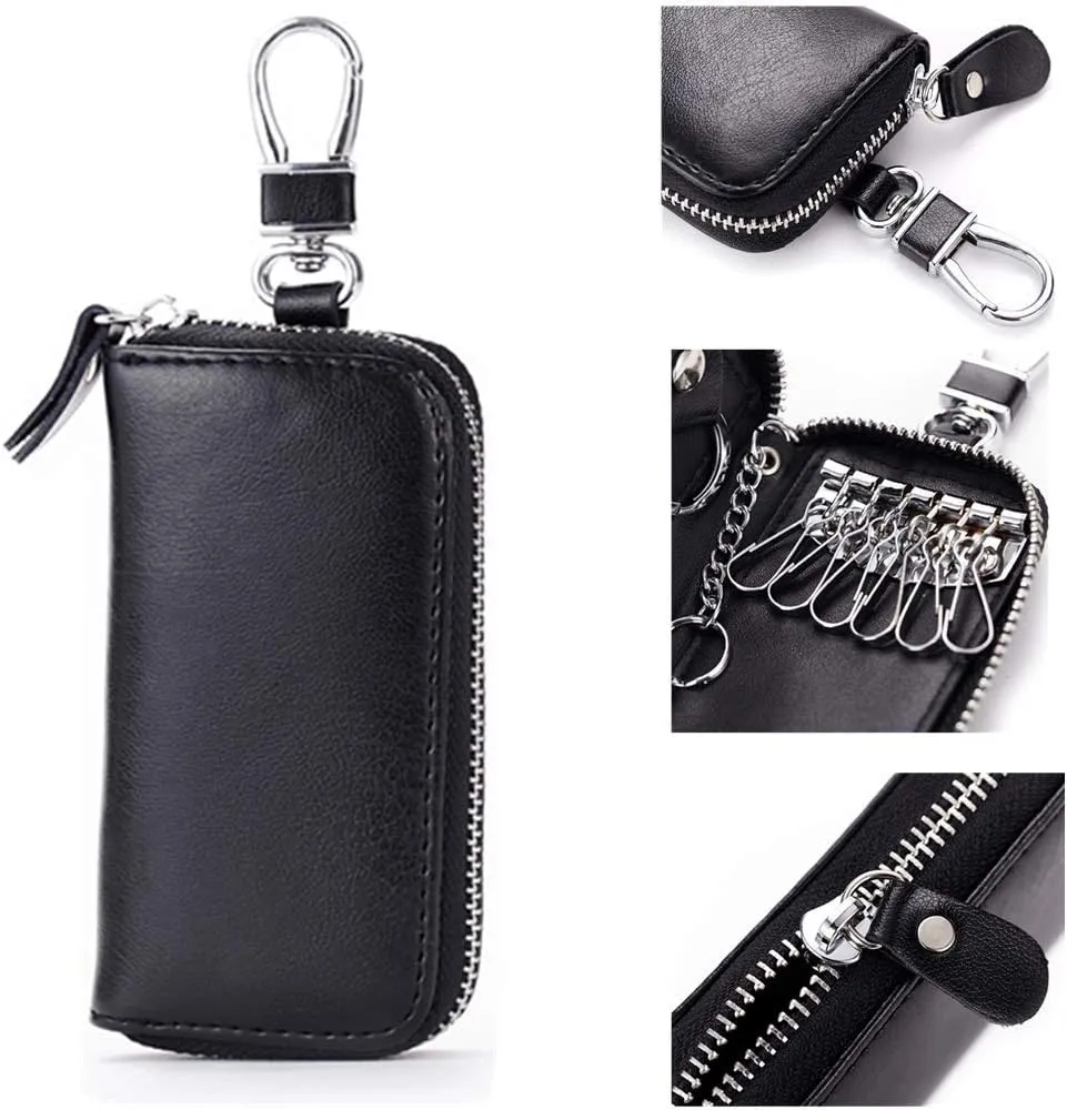 Genuine Leather Key Holder Bag with 2 Card Slot & 6 Hooks & 1 Access Card,Key Case Car Key Holder Wallet for Men Women