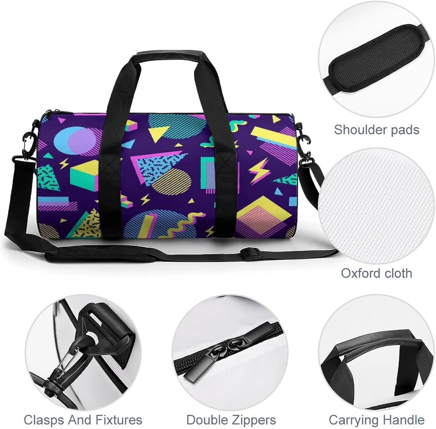Geometric Shapes Memphis Large Capacity Portable Cylindrical Fitness Bag
