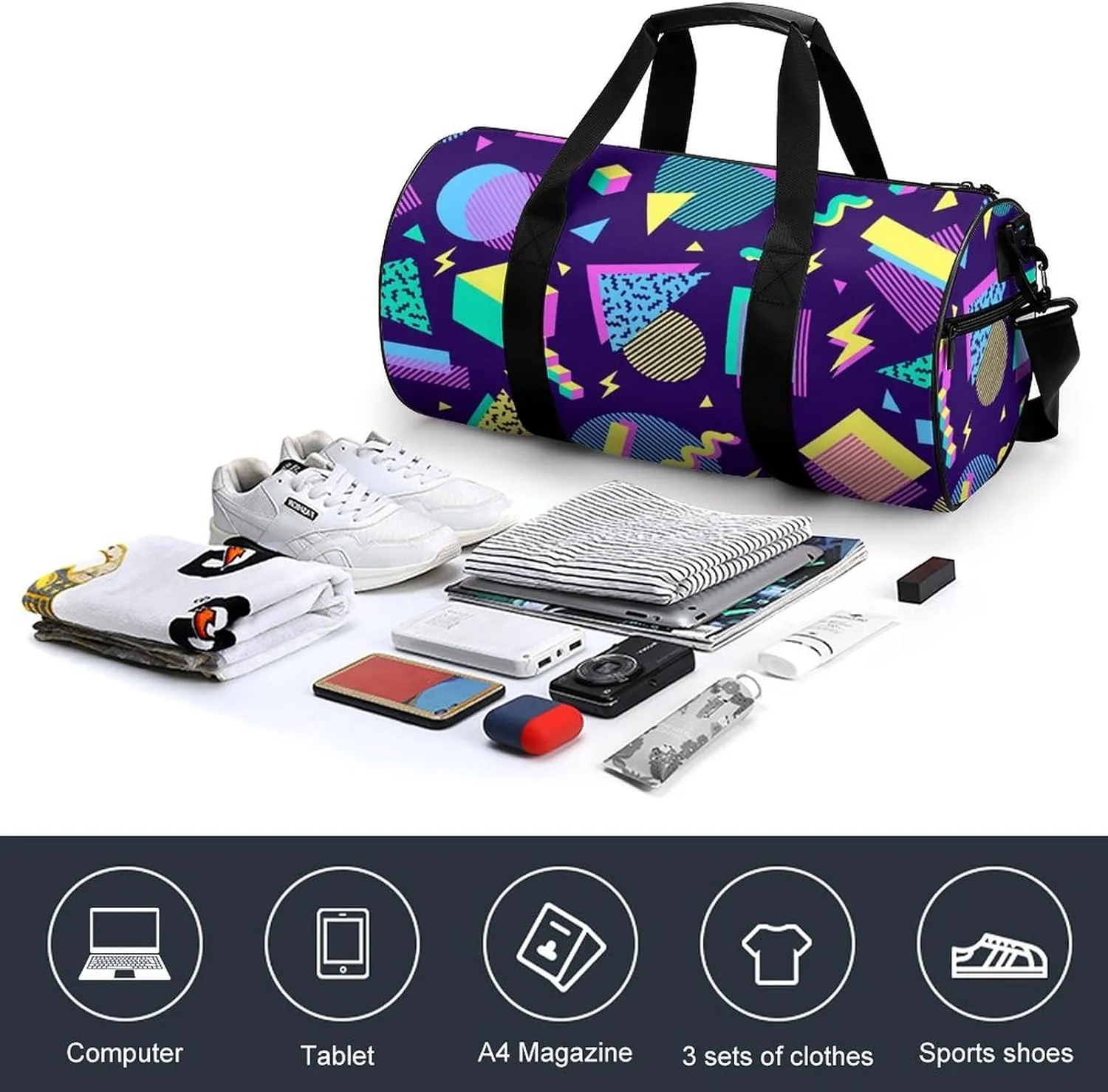 Geometric Shapes Memphis Large Capacity Portable Cylindrical Fitness Bag