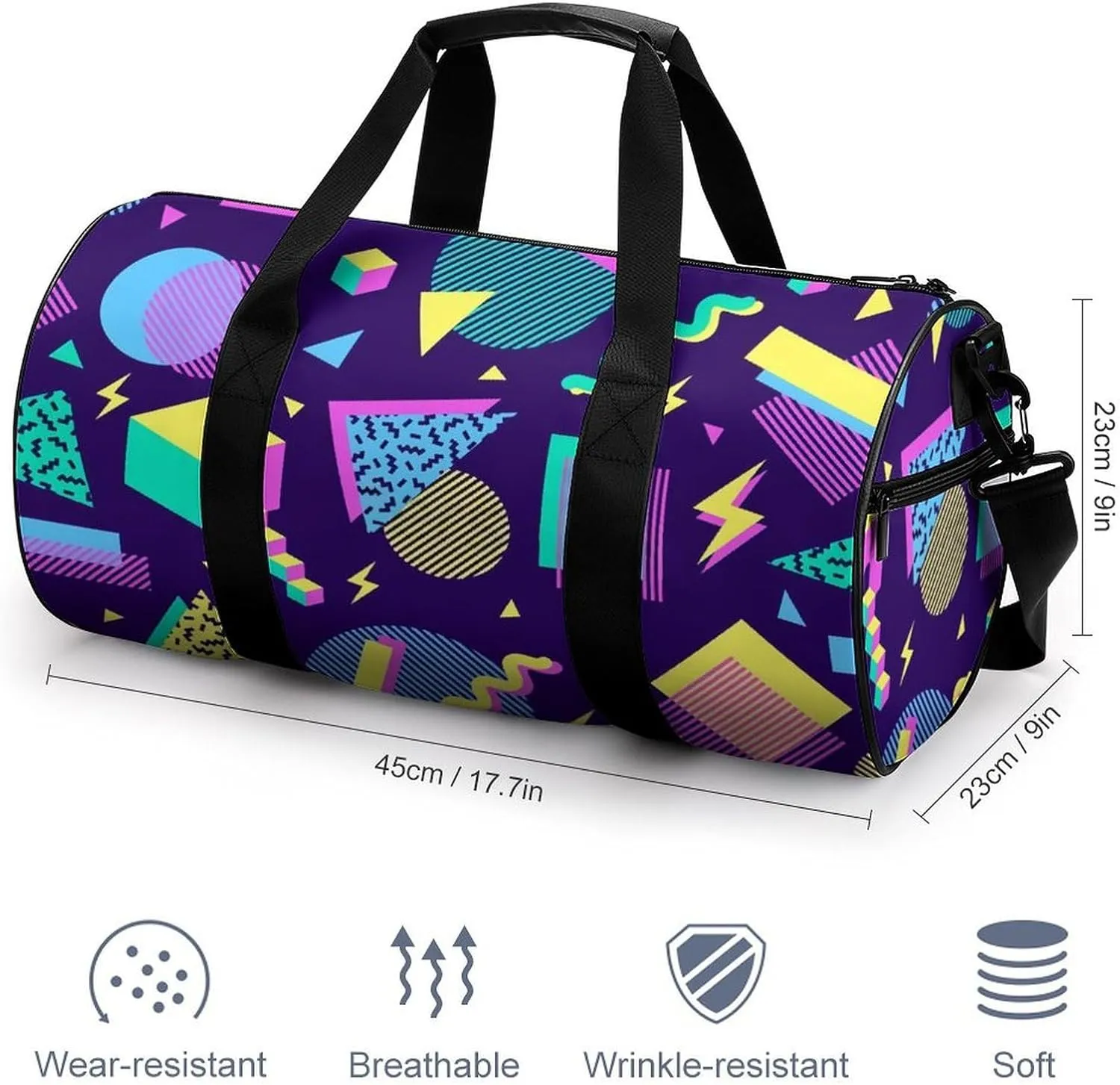 Geometric Shapes Memphis Large Capacity Portable Cylindrical Fitness Bag
