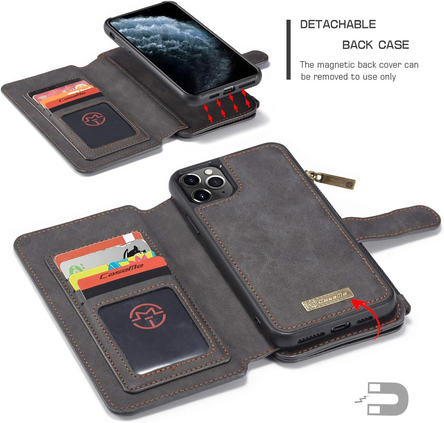 GFU 2-in-1 Detachable iPhone 11 Pro Max Wallet Case Best Thin Leather Card Holder Magnetic Slim Flip Strap Stand Durable Purse Wallet Case for iPhone 11 Pro Max 2019 6.5Inch Cool for Men Women (Black)