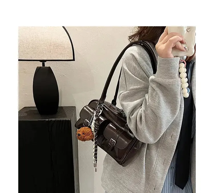 Glossy Multi Pocket Buckle Shoulder Bags