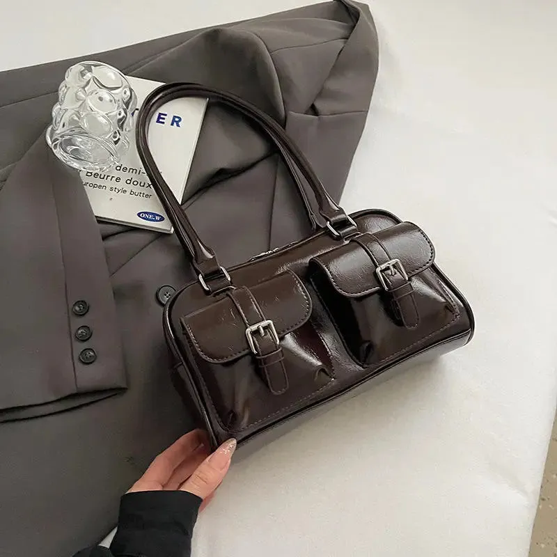 Glossy Multi Pocket Buckle Shoulder Bags