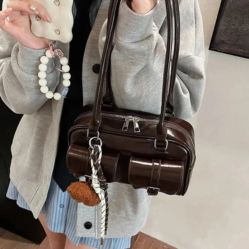 Glossy Multi Pocket Buckle Shoulder Bags