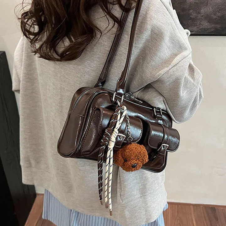 Glossy Multi Pocket Buckle Shoulder Bags