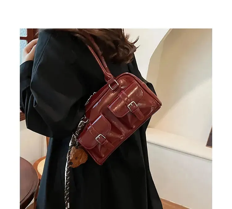 Glossy Multi Pocket Buckle Shoulder Bags