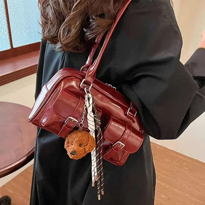 Glossy Multi Pocket Buckle Shoulder Bags