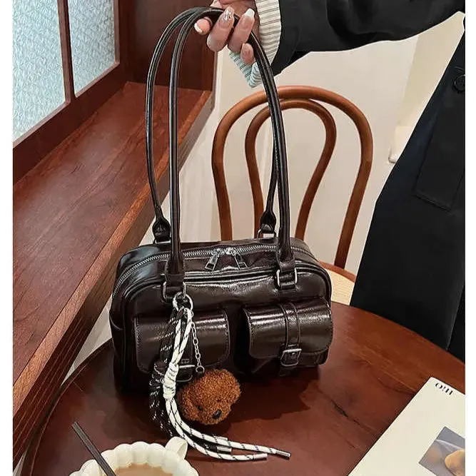 Glossy Multi Pocket Buckle Shoulder Bags