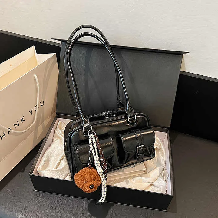 Glossy Multi Pocket Buckle Shoulder Bags