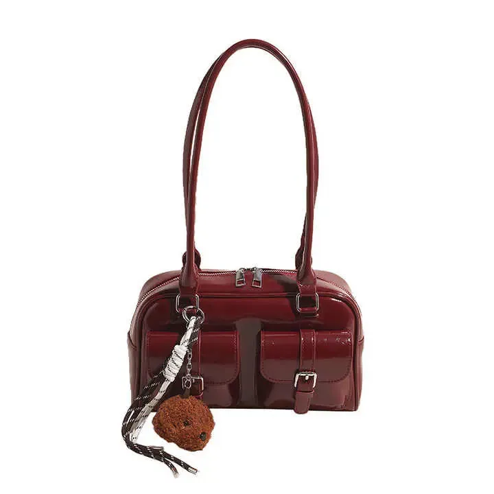 Glossy Multi Pocket Buckle Shoulder Bags