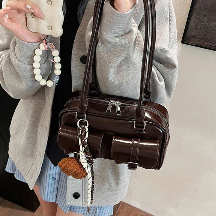 Glossy Multi Pocket Buckle Shoulder Bags