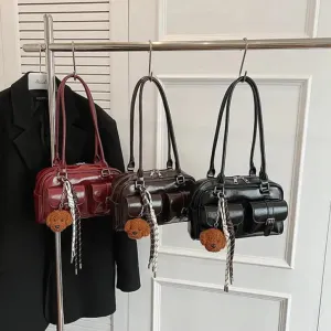 Glossy Multi Pocket Buckle Shoulder Bags