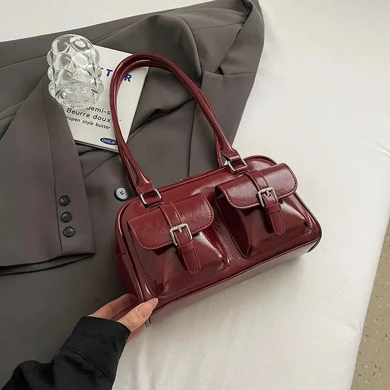 Glossy Multi Pocket Buckle Shoulder Bags