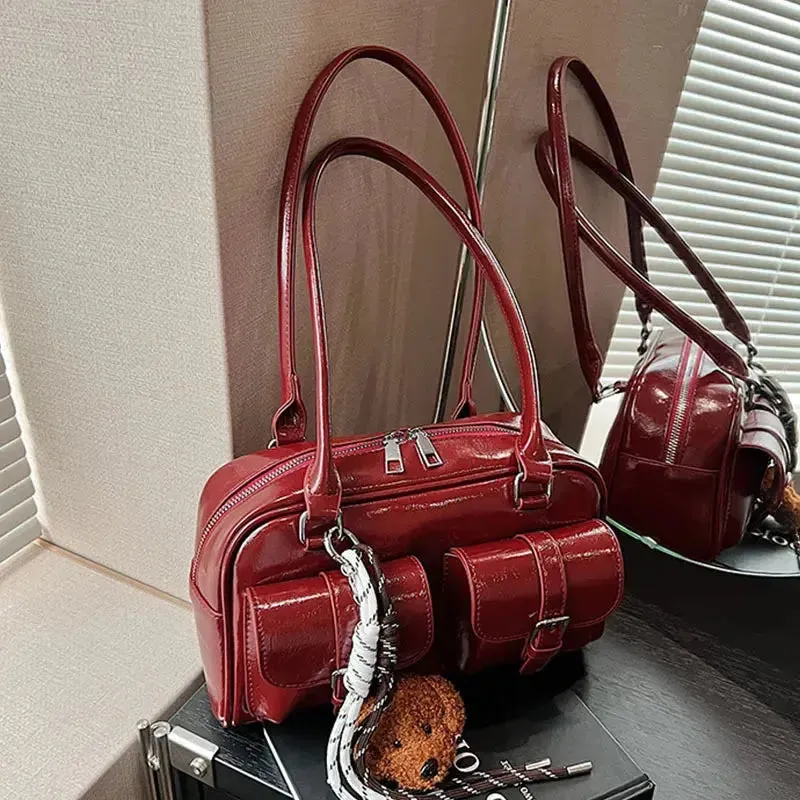 Glossy Multi Pocket Buckle Shoulder Bags