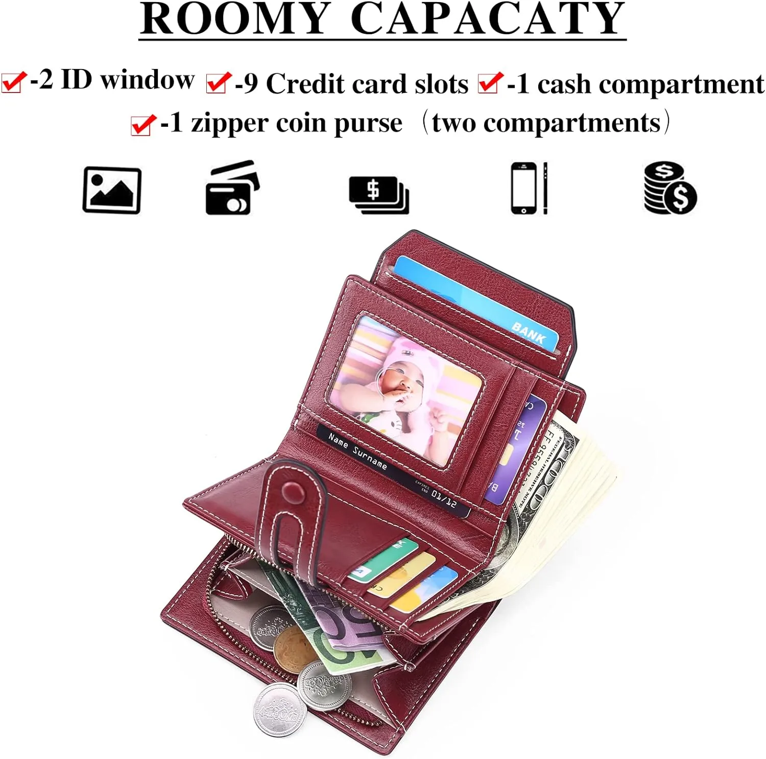 GOIACII Small Wallet Women Rfid Blocking Genuine Leather Compact Bifold Card Holder for Women with Zipper Coin Pocket 2 ID Windows