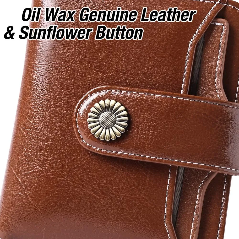 GOIACII Wallet for Women Leather Small RFID Blocking Bifold Zipper Pocket Card Holder with ID Window Brown
