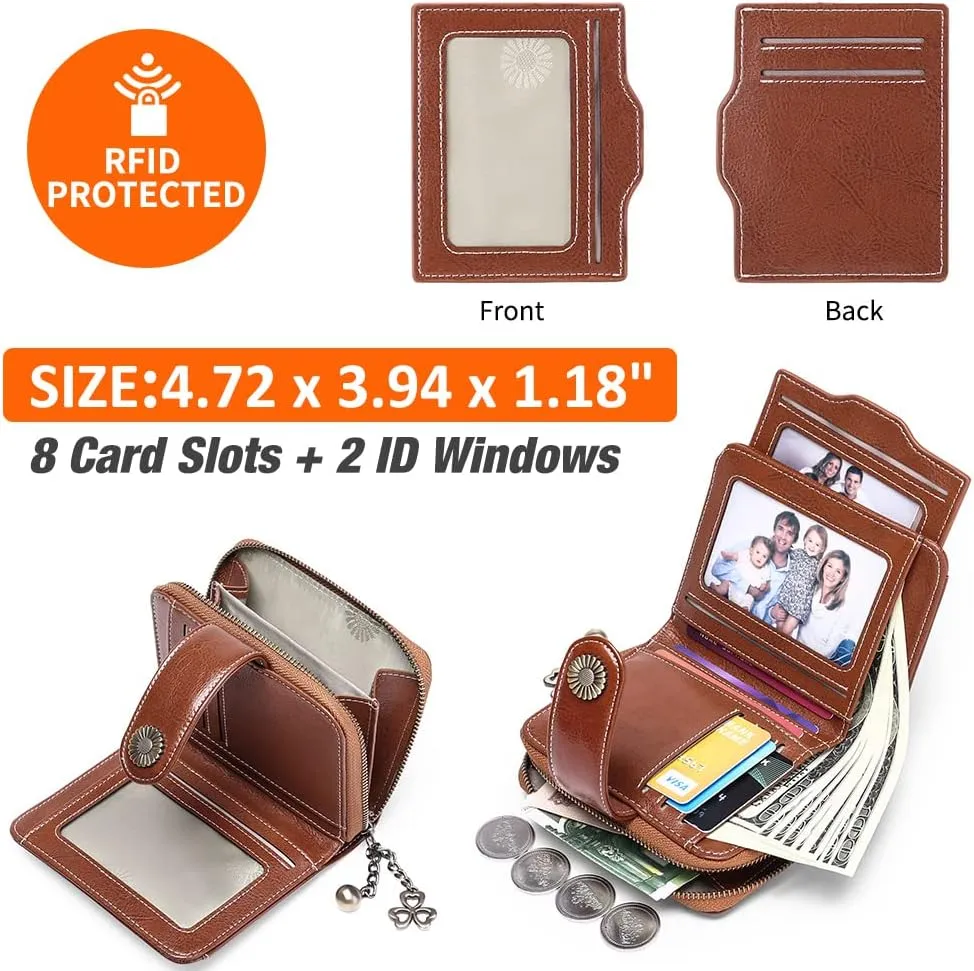 GOIACII Wallet for Women Leather Small RFID Blocking Bifold Zipper Pocket Card Holder with ID Window Brown