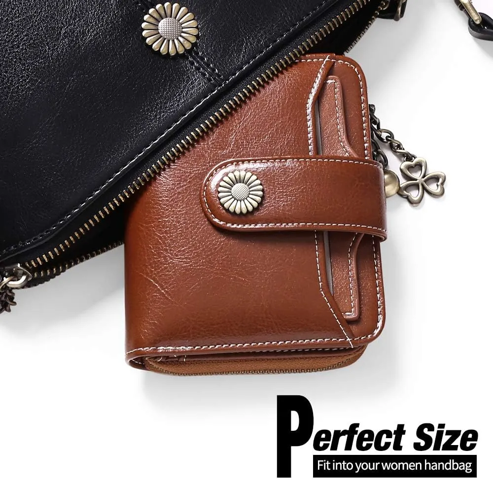 GOIACII Wallet for Women Leather Small RFID Blocking Bifold Zipper Pocket Card Holder with ID Window Brown