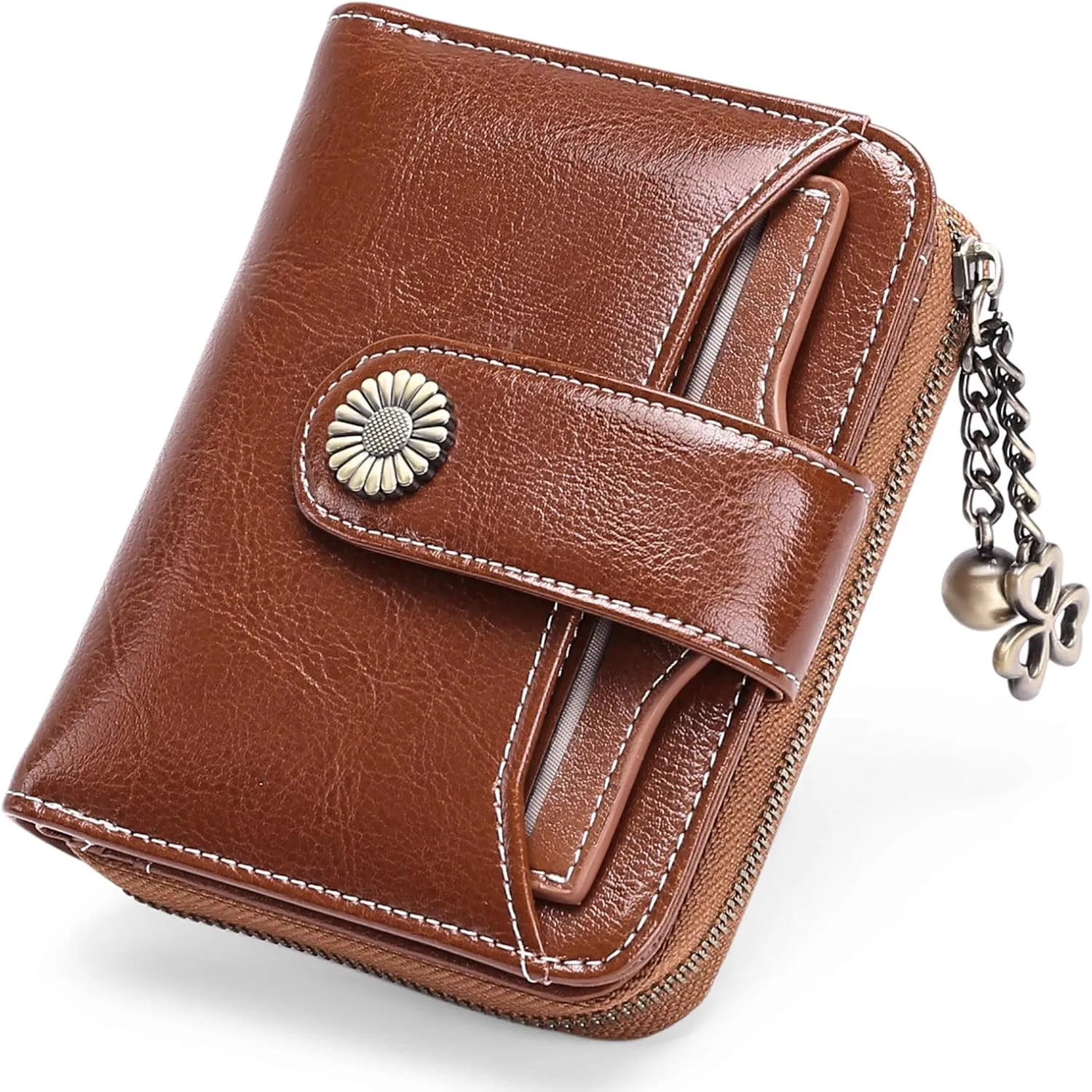 GOIACII Wallet for Women Leather Small RFID Blocking Bifold Zipper Pocket Card Holder with ID Window Brown