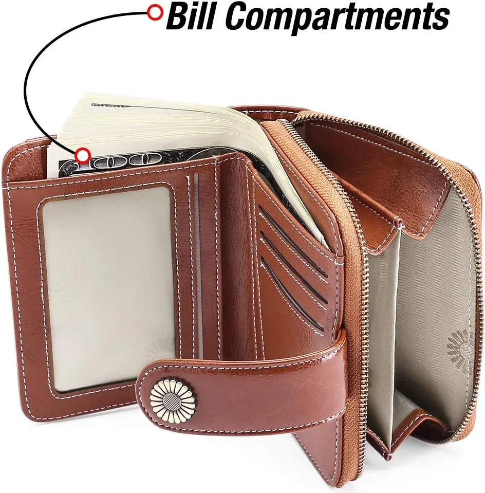 GOIACII Wallet for Women Leather Small RFID Blocking Bifold Zipper Pocket Card Holder with ID Window Brown