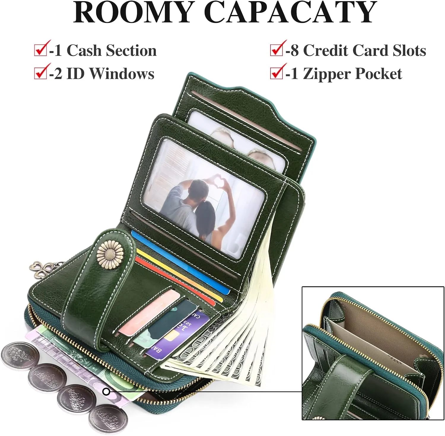 GOIACII Wallet for Women Leather Small RFID Blocking Bifold Zipper Pocket Card Holder with ID Window Forest Green