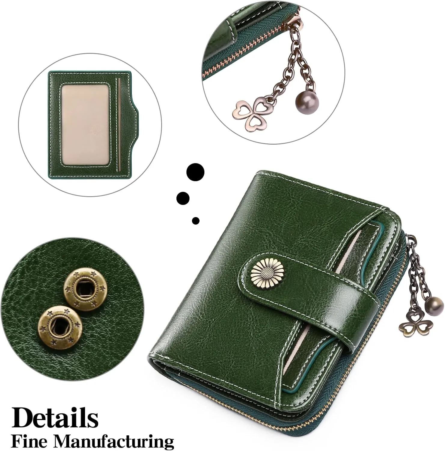 GOIACII Wallet for Women Leather Small RFID Blocking Bifold Zipper Pocket Card Holder with ID Window Forest Green