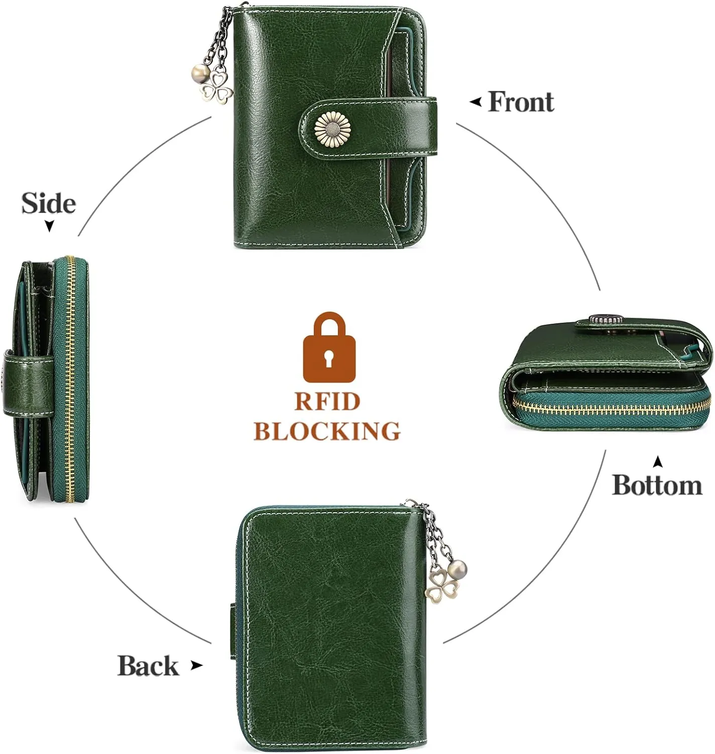 GOIACII Wallet for Women Leather Small RFID Blocking Bifold Zipper Pocket Card Holder with ID Window Forest Green