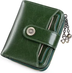 GOIACII Wallet for Women Leather Small RFID Blocking Bifold Zipper Pocket Card Holder with ID Window Forest Green