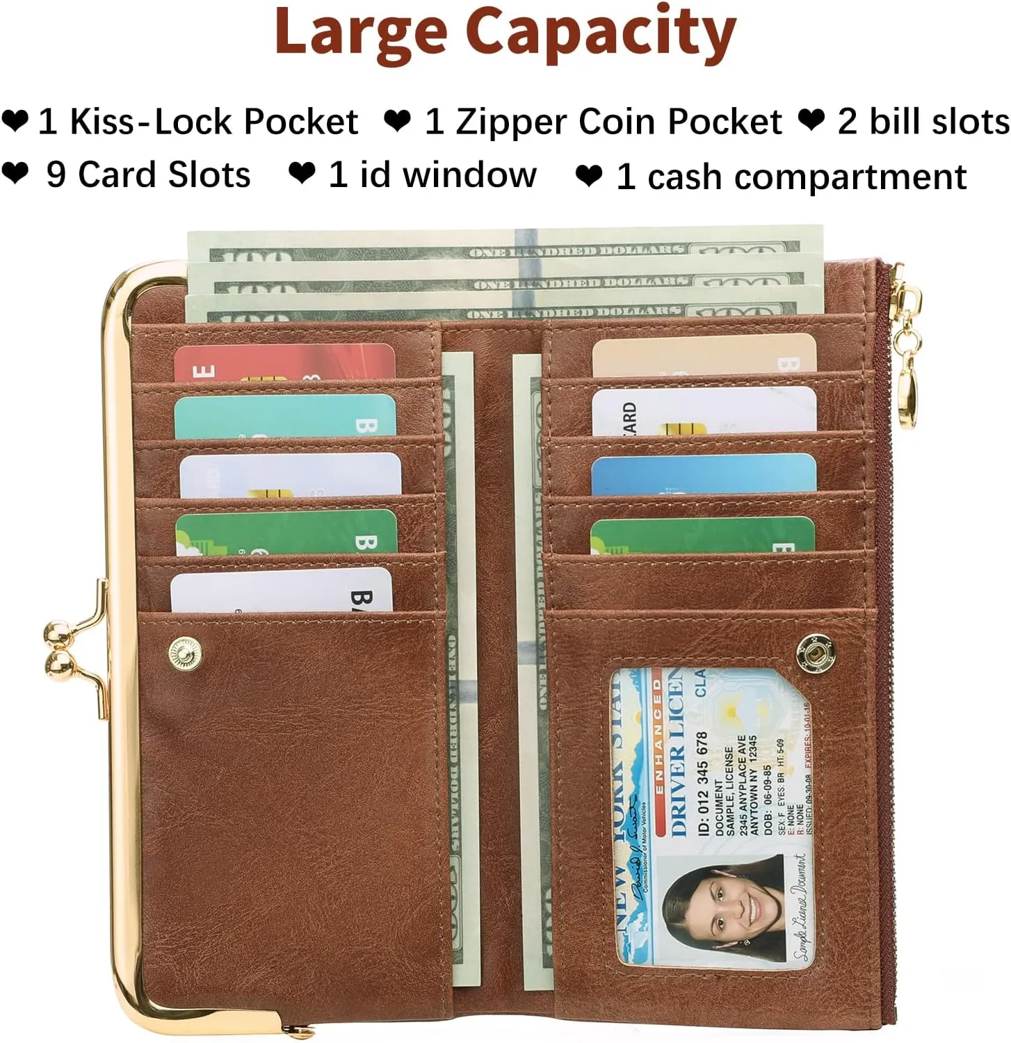 GOIACII Womens Wallet Ladies Vintage Billfold Compact Card Holder Long Zip Clutch Purse with Kiss Lock Brown