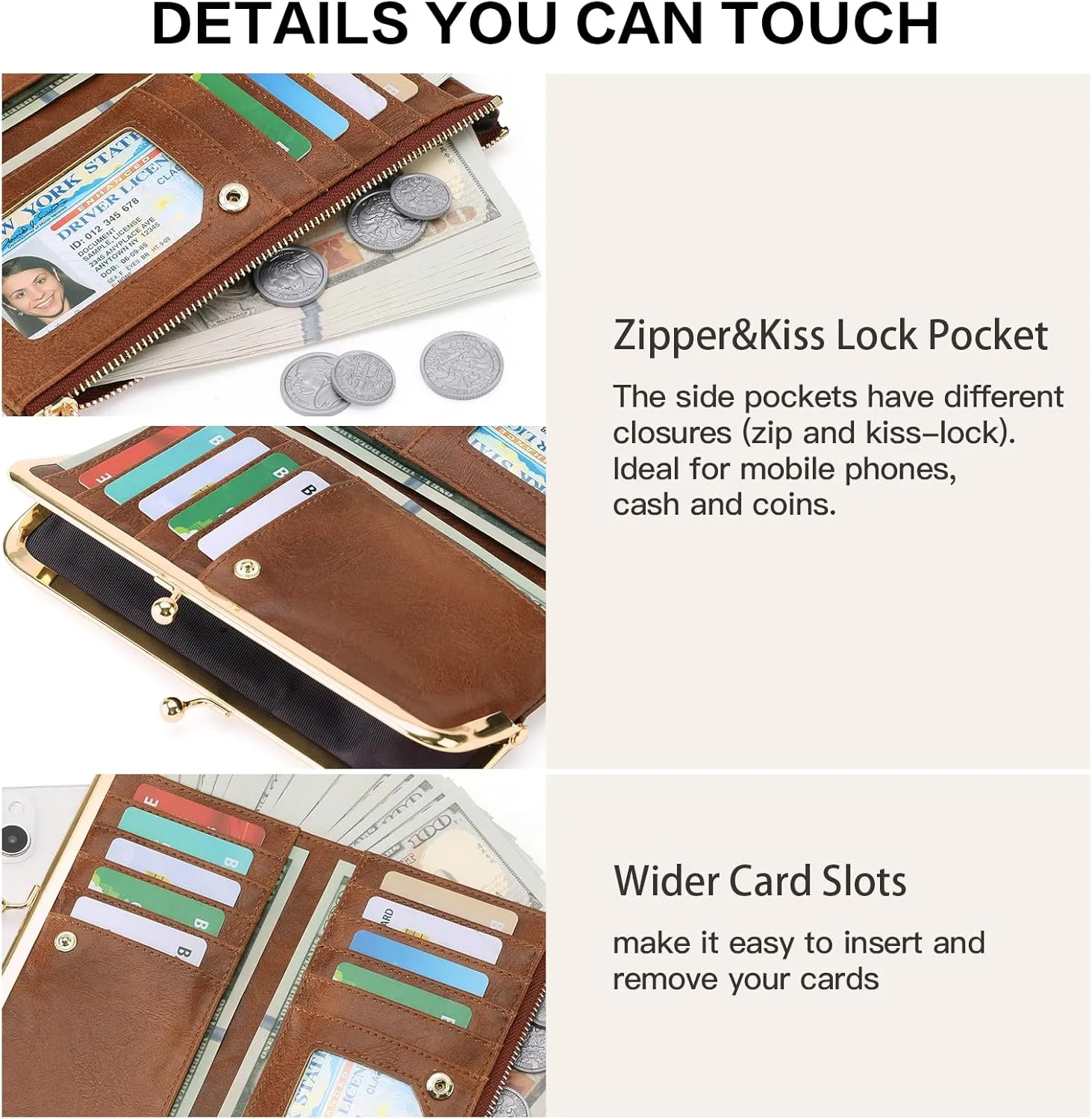 GOIACII Womens Wallet Ladies Vintage Billfold Compact Card Holder Long Zip Clutch Purse with Kiss Lock Brown