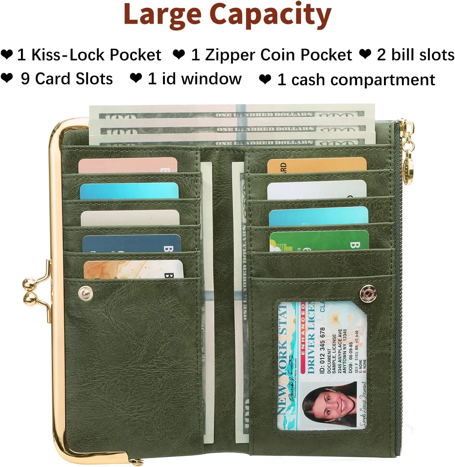 GOIACII Womens Wallet Ladies Vintage Billfold Compact Card Holder Long Zip Clutch Purse with Kiss Lock Green