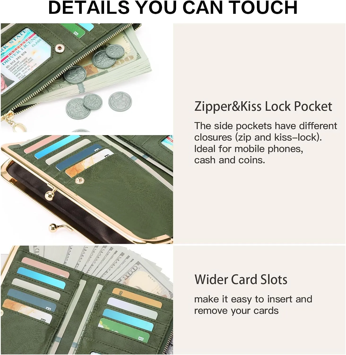 GOIACII Womens Wallet Ladies Vintage Billfold Compact Card Holder Long Zip Clutch Purse with Kiss Lock Green